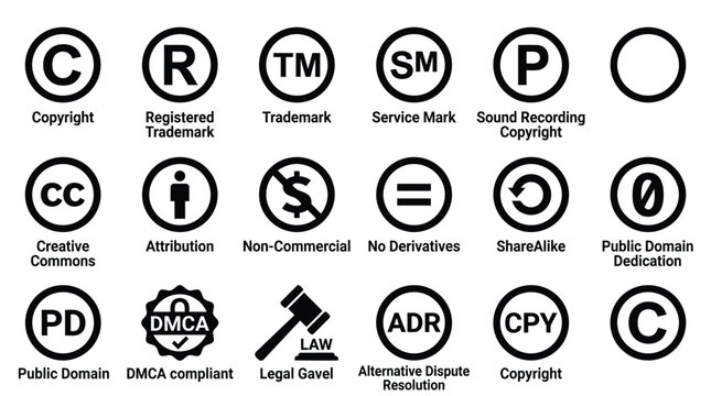 Various black and white intellectual property symbols representing copyright trademark and public domain legal compliance icons