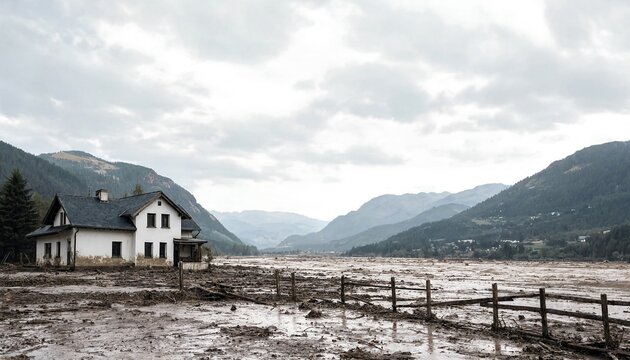A residential house standing in a landscape covered with mud and debris after a catastrophic mountain flood disaster