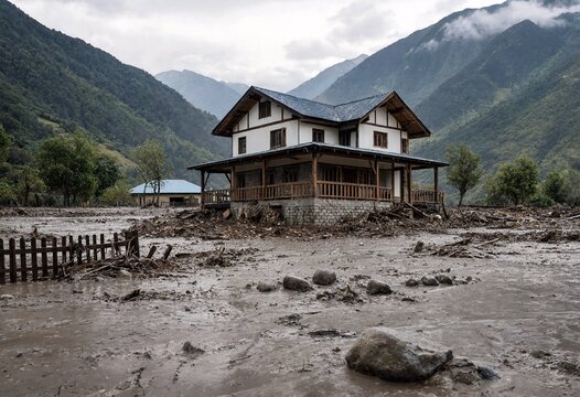 A residential house surrounded by mud and debris after a devastating mountain flood disaster
