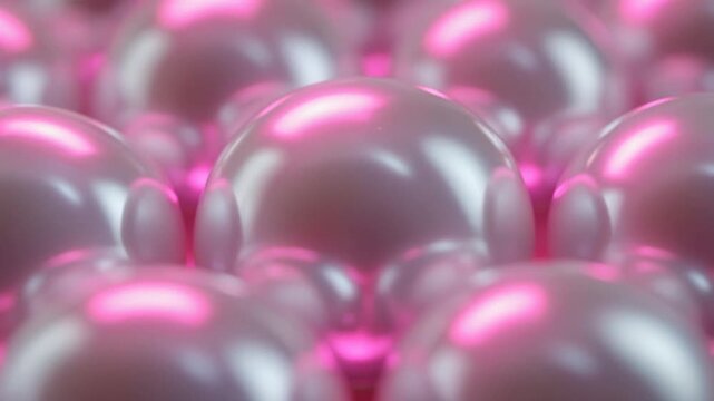 Extreme Macro Shot of Glowing Pearl Surfaces Reflecting Soft Neon Pink Light, White Iridescent Abstract Spheres, Full HD Motion Background