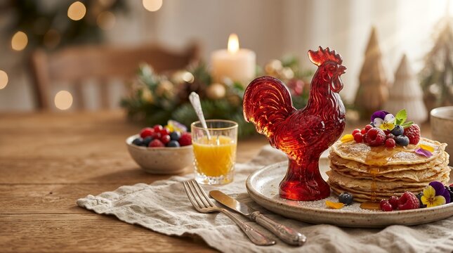Festive Red Rooster Decoration atop Stacked Pancakes with Berries and Autumnal Table Setting