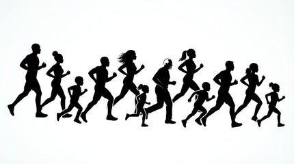 Obraz premium Silhouette family running together in dynamic motion against white background 
