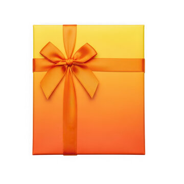 Yellow and orange gift box with a decorative ribbon bow