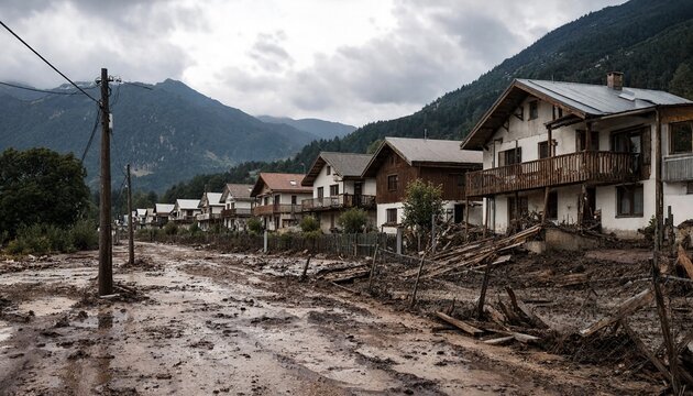 Devastating landscape after a massive flood covering a residential village street with deep mud and debris