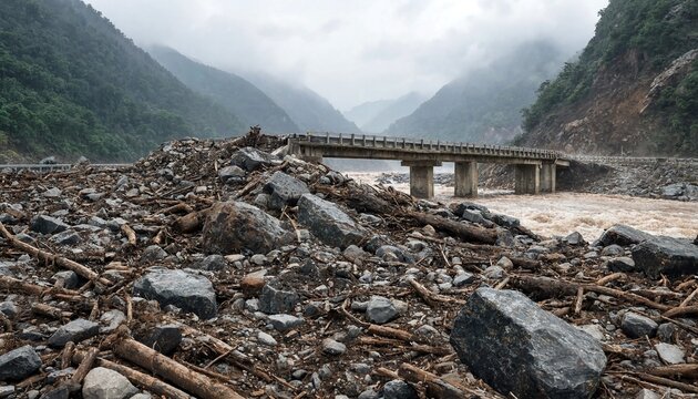 Devastating flood aftermath with destroyed terrain and bridge over a muddy river