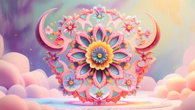 Pastel colored floral mandala wheel with twin crescent moon horns on dreamy pink cloud pedestal background