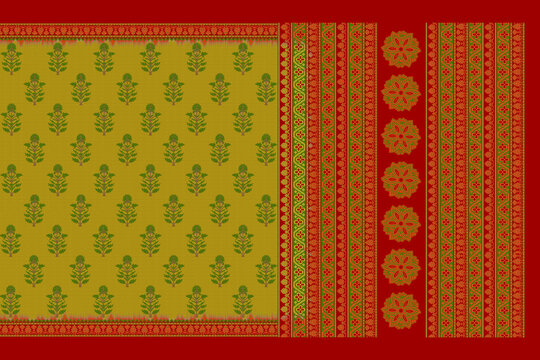 Traditional Indian Saree Layout with Ethnic Decorative Patterns and Ornate Galo Pallav Border Textile Print