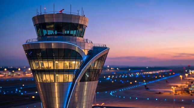 Illuminated airport air traffic control tower at dusk, with runway lights and blurred airplane silhouettes