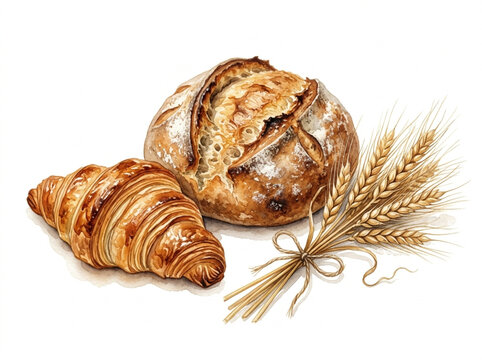 A warm and cozy watercolor illustration of various fresh bread types and wheat stalks, perfect for bakery branding and menus.
