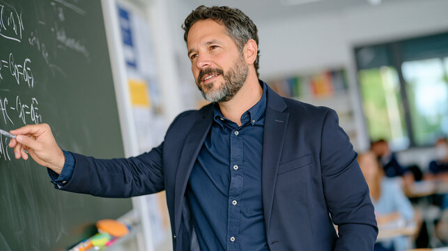 Confident young man in formal business attire solving a complex quadratic equation with white chalk on a blackboard, side view, concentrated academic moment, university classroom softly blurred in t