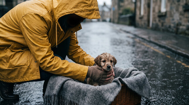 Person in a yellow raincoat comforting an abandoned puppy in a basket on a wet city street