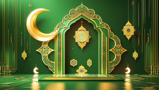 Emerald green Islamic podium background with golden crescent moon ornate archway and glowing hanging lanterns