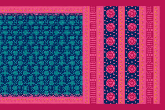 Traditional Indian Saree Layout with Ethnic Decorative Patterns and Ornate Galo Pallav Border Textile Print