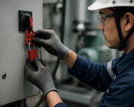 Technician Applying Padlock for Lockout Tagout Safety Procedure on Machine