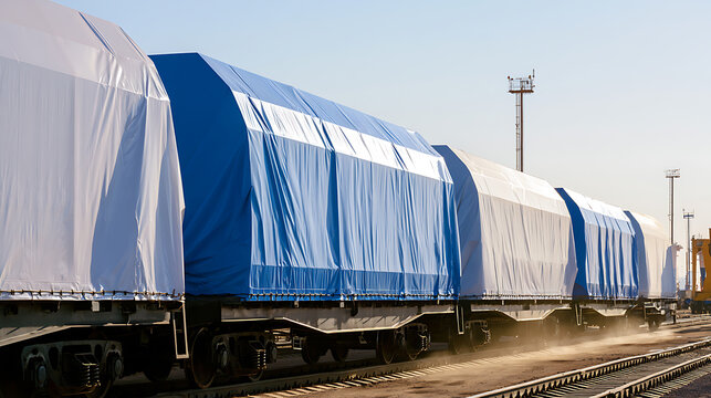 Freight train loaded with cargo flatcars covered in protective white and blue tarpaulin on railroad tracks in industrial yard area