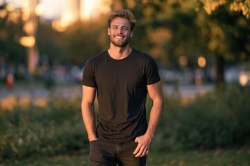 Obraz premium Bright candid portrait of a happy young man standing in an urban outdoor setting