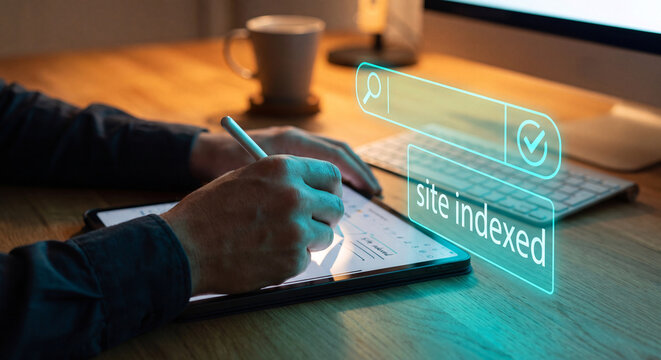 technical seo specialist writes on tablet beside glowing indexing interface to confirm site indexed, verify crawl status, and manage sitemap submission