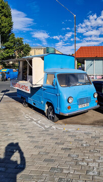 Blue Zuk A-07 / A-11 mobile shop vehicle parked as a roadside food truck in Gyumri; a vintage Polish commercial vehicle from the 1970s, Shirak, Armenia 29.08.2025