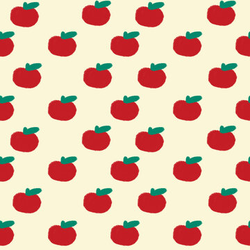 Cute red apple seamless pattern with crayon texture on cream background, hand drawn minimal fruit wallpaper illustration
