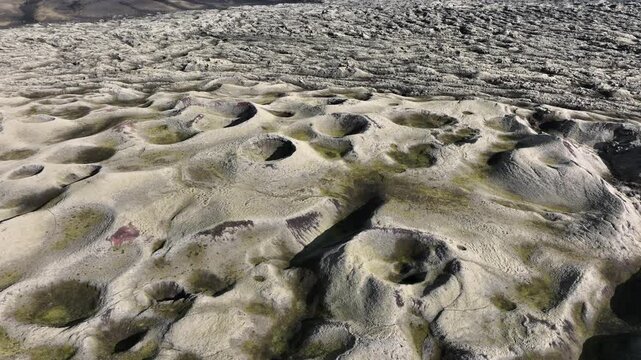 Aerial view of Laki, a moss-covered mountain range in the southern central highland of Iceland with hundreds of volcanic craters