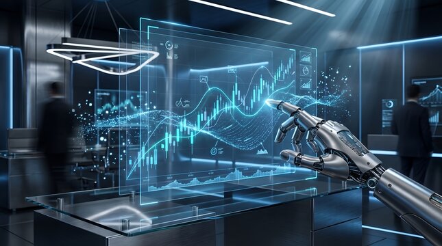 Robot hand interacting with holographic financial market trading chart in modern corporate boardroom showing algorithmic investment strategy