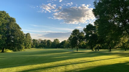 Fototapeta premium Bright summer park getaway: grassy meadow, shade from trees, airy mood