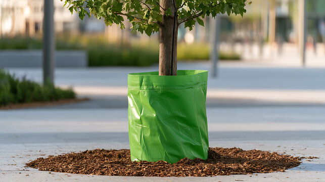 Young tree wrapped in a green slow release water bag for irrigation support on urban street concrete plaza surrounded by mulch and poles