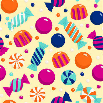 Cute candy seamless pattern with colorful sweets and treats