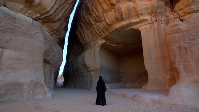 Cinematic wide shot of a woman in black Saudi Abaya standing in quiet contemplation at the entrance of towering rock cut Diwan hall at Jabal Ithlib in AlUla