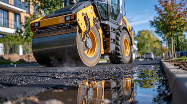 Large vibratory road roller working after a light rain, pressing hot black asphalt while steam rises intensely from the damp road surface, water droplets and reflective patches surrounding the heavy
