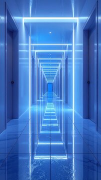 An empty futuristic corridor with glowing blue neon lighting reflecting on glossy tiles evokes a sense of modern innovation and scifi wonder. With nobody here, it inspires awe.