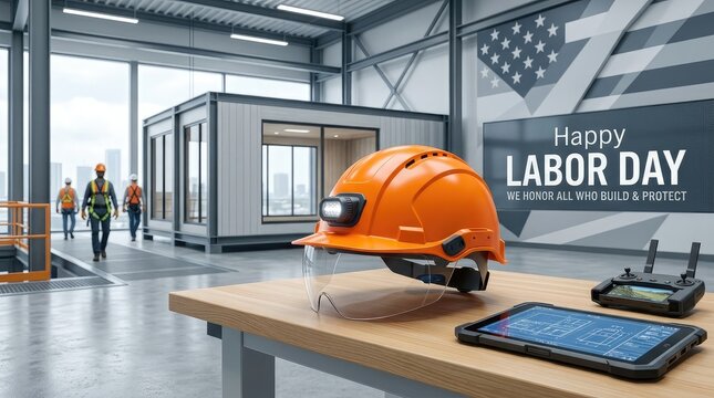 Happy Labor Day banner with orange safety helmet and tablet in modern construction site