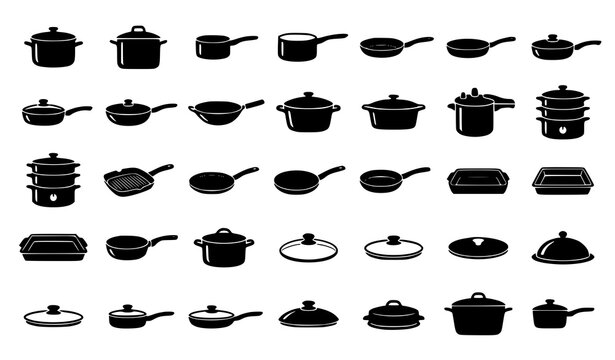 Set of black silhouette icons representing various kitchen cookware pots pans and lids for culinary design projects