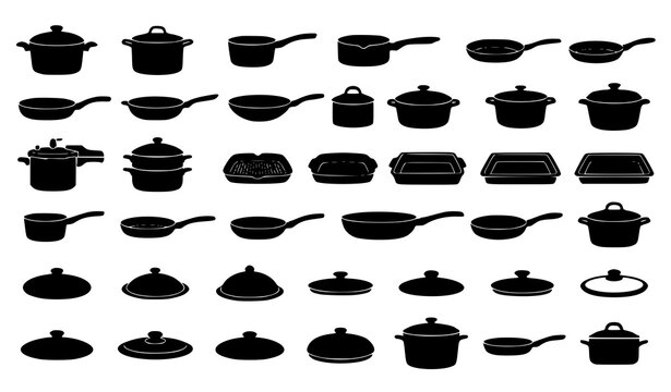 Collection of black silhouette icons representing various kitchen cookware pots pans and lids for cooking food
