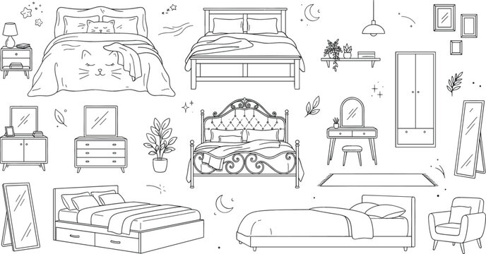 Bedroom furniture vector illustration set with beds wardrobe dresser mirror armchair vanity nightstand icons isolated on white background
