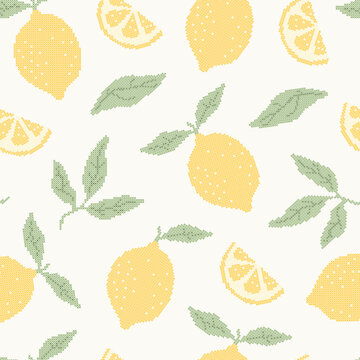 Summer cross stitch italian seamless pattern with lemons and leaves. Citrus floral embroidery print. Amalfi aesthetics. Trendy fruit pixel background. Vector illustration for fabric needlecraft style.