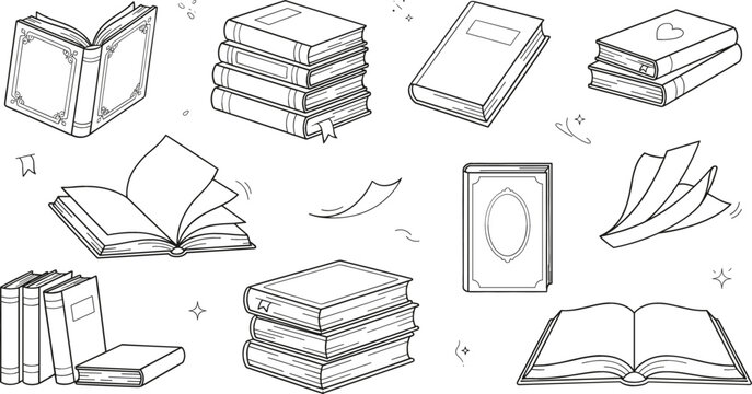 Book vector illustration set with textbook stack open pages literature spine cover dictionary icons isolated on white background