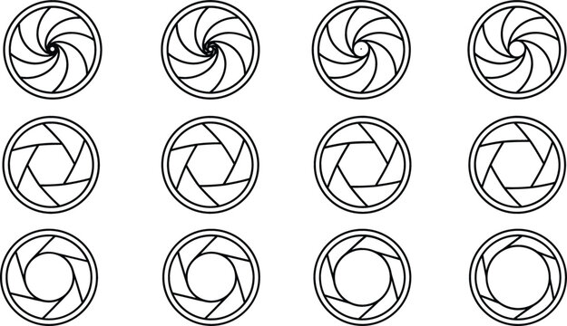 Camera shutter aperture line icons vector set showing different lens iris exposure sizes in simple minimal outline style