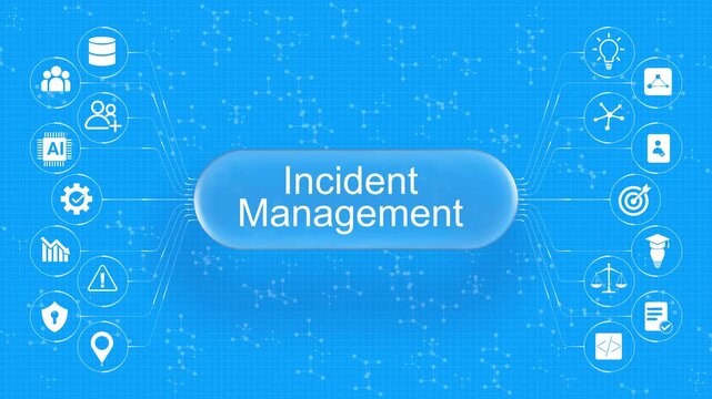 Advanced digital blueprint diagram illustrating incident management protocols and IT service desk strategies connected with technology icons.