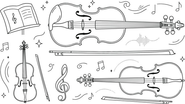 Classical violin and cello musical instrument vector illustration set with bow sheet music note book and treble clef
