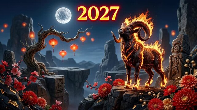 Fiery ram celebration: 2027 year, fire goat, sheep zodiac, chinese astrology, horoscope lunar, calendar eastern, animal sign, tradition fortune, destiny cycle, symbolism culture.