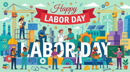 Fototapeta premium Happy Labor Day colorful flat vector banner with various professions and construction city skyline