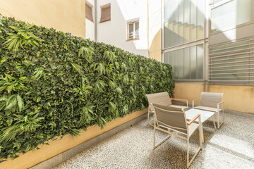 Fototapeta premium Sunny courtyard corner with outdoor chairs beside tall green wall and glass staircase enclosure.