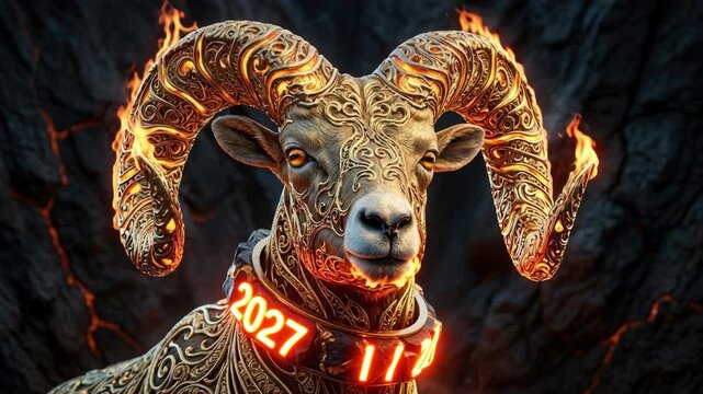 Lunar astrology cycle: fire goat, Chinese zodiac, eastern horoscope, sheep animal, golden sculpture, destiny symbol, tradition representation, flame energy.