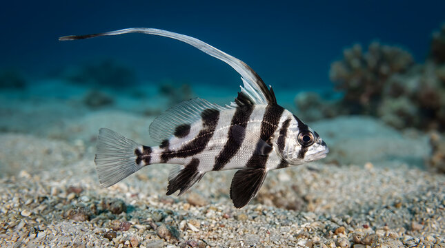 Black and white striped jackknife fish cruising over sandy seabed