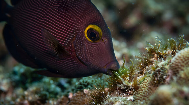 Close up of kole tang surgeonfish feeding on reef algae