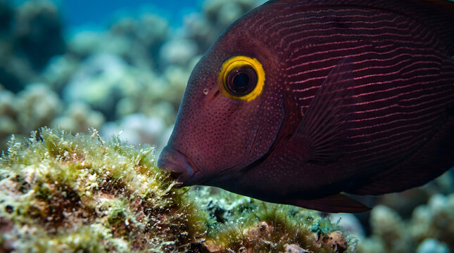 Yellow-eye kole surgeonfish swimming close to coral reef rock