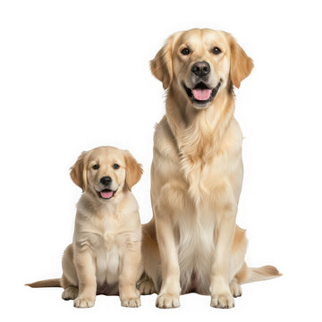 Adult golden retriever dog and cute puppy sitting together