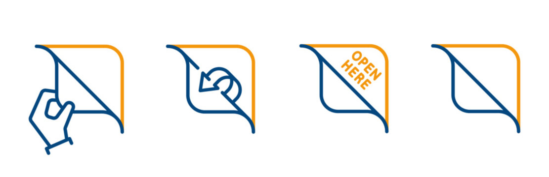 place of opening, icon set of pull to open, open here, arrow pulling edge, remove the protective tape, editable color outline icons, isolated vector illustration