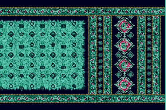 Traditional Indian Saree Layout with Ethnic Decorative Patterns and Ornate Galo Pallav Border Textile Print